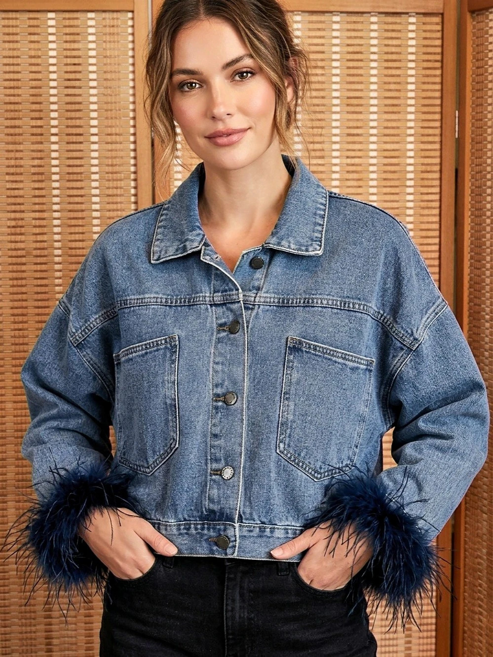 Veveret Denim Jacket with Feather Cuffs in Blue & Black Size Large